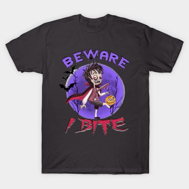 Beware I Bite Halloween Dracula Vampire T-Shirt by Kribis